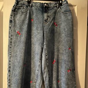 SHEIN Light Blue Straight Leg Jeans with Red Cherry Embroidery